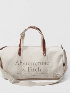 Abercrombie & Fitch Cream Canvas Duffel with Brown Genuine Leather Accents Y2K